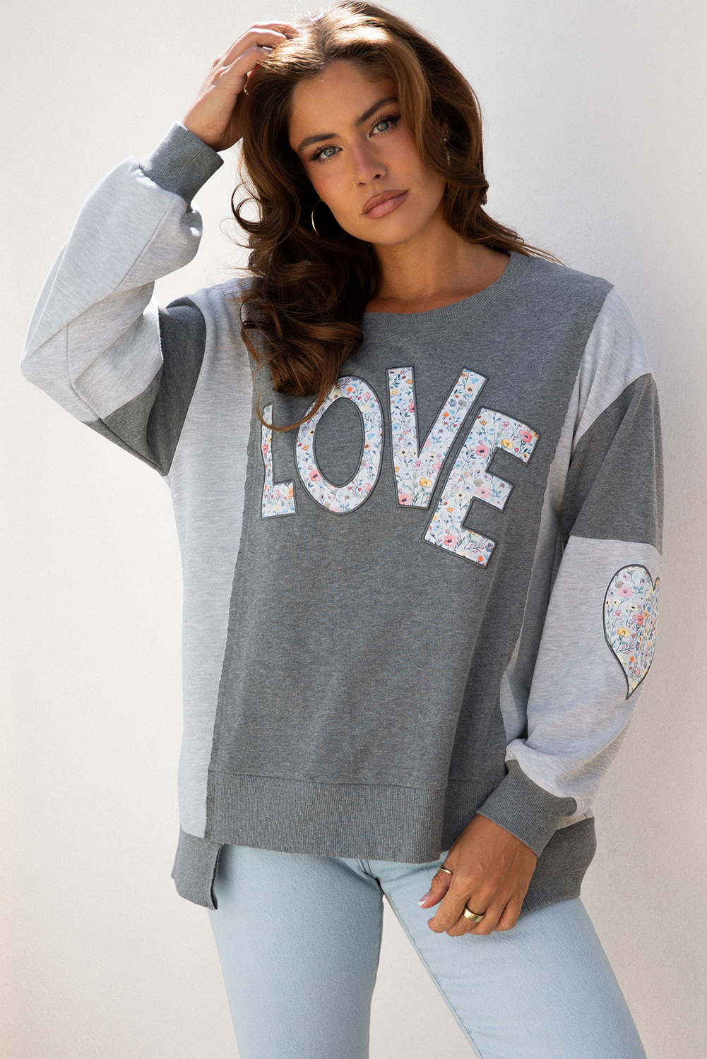 Dark Grey LOVE Graphic Exposed Seam Patchwork Uneven Hem Chic Sweatshirt