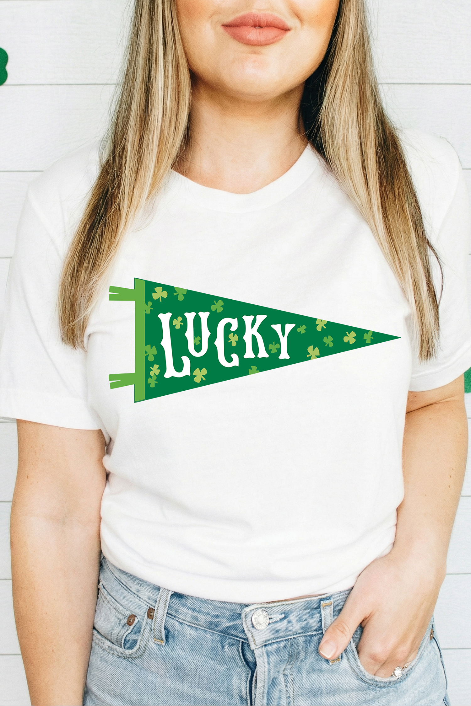 White LUCKY Clover Pennant St Patricks Day T Shirt