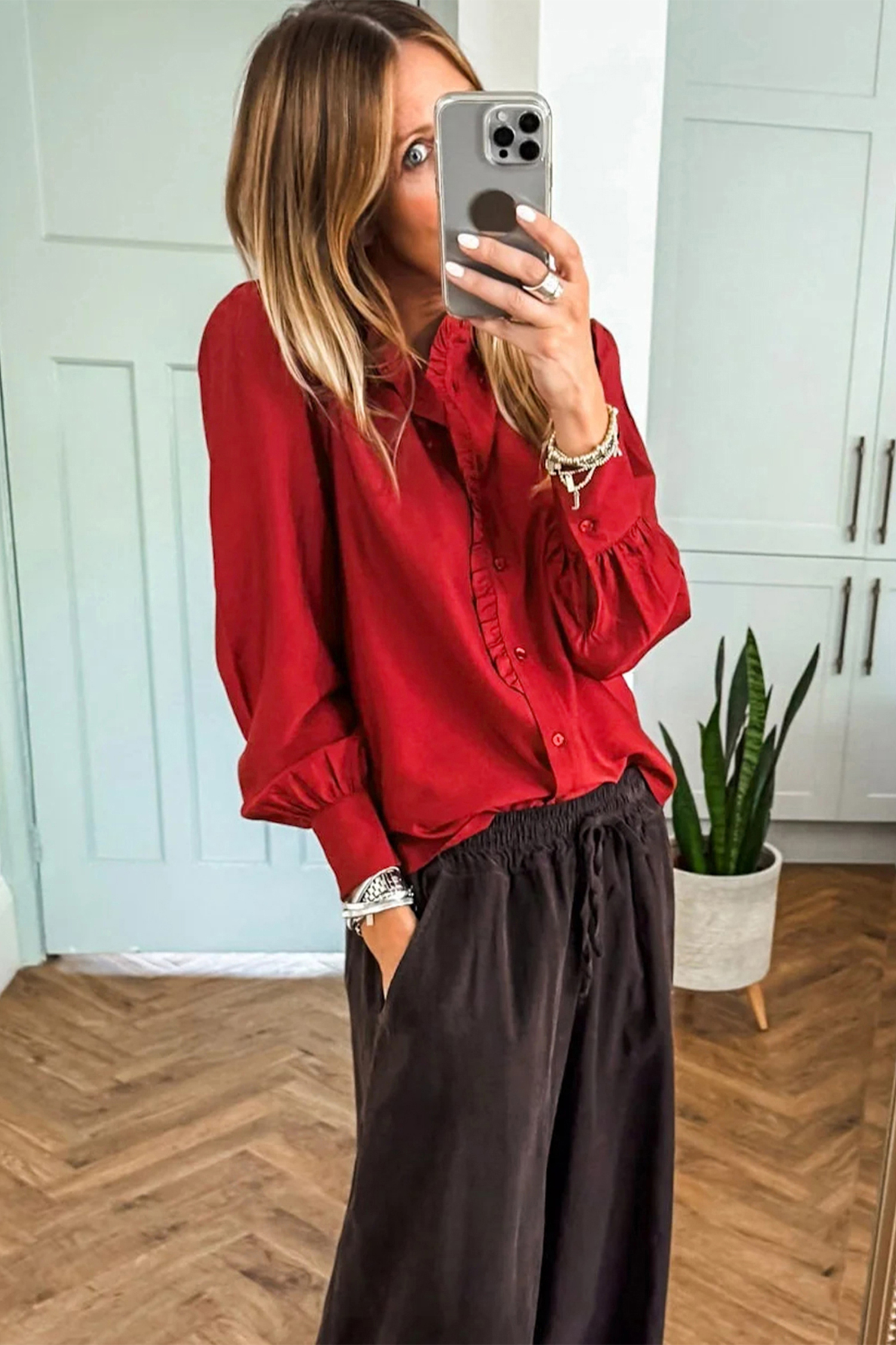 Fiery Red Frilled Trim Button Up Pleated Long Sleeve Shirt